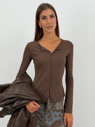 Maglia a Costine con Bottoni Marrone
