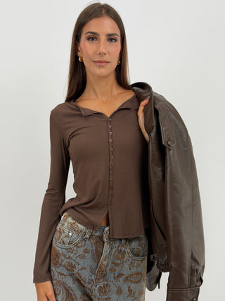 Maglia a Costine con Bottoni Marrone