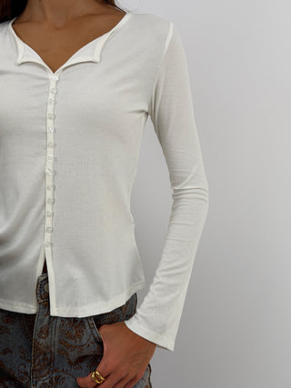 Maglia a Costine con Bottoni Panna