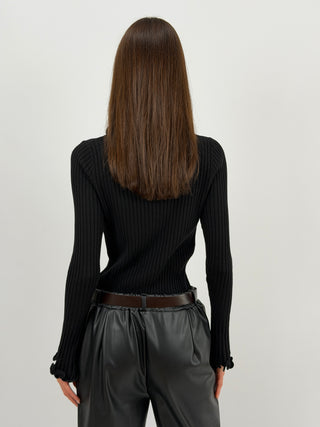 Maglia Polo con Arricciature Nera