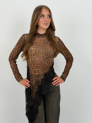 Maglia Lumina Asimmetrica Leopardata in Tulle con Pizzo