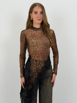 Maglia Lumina Asimmetrica Leopardata in Tulle con Pizzo
