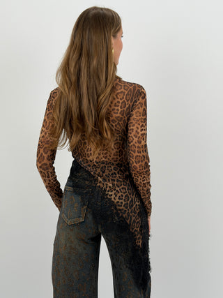 Maglia Lumina Asimmetrica Leopardata in Tulle con Pizzo