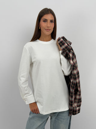 Maglia con Polsini Bianca Lumina - Maglia bianca in misto cotone con scollo rotondo, maniche lunghe con polsini e bottone. Linea dritta, fit oversize. | Paloma Store
