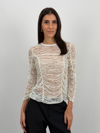 Maglia in Pizzo con Arricciature Bianca