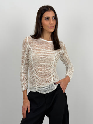 Maglia in Pizzo con Arricciature Bianca