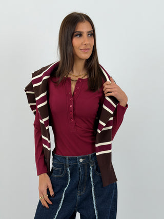 Maglia a Costine con Bottoncini Bordeaux