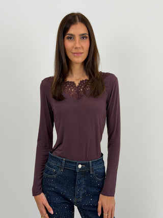 Maglia Ultralight con Cashmere e Pizzo Burgundy