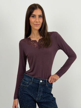 Maglia Ultralight con Cashmere e Pizzo Burgundy