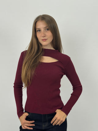 Maglia a Costine con Cut-Out Bordeaux