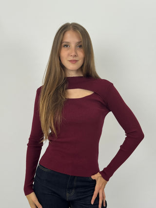 Maglia a Costine con Cut-Out Bordeaux