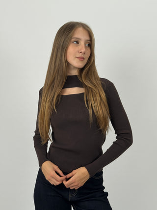 Maglia a Costine con Cut-Out Marrone