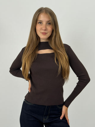Maglia a Costine con Cut-Out Marrone