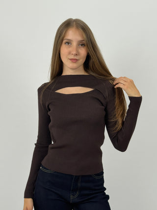 Maglia a Costine con Cut-Out Marrone
