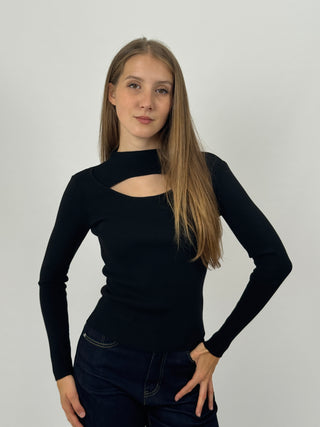 Maglia a Costine con Cut-Out Nera