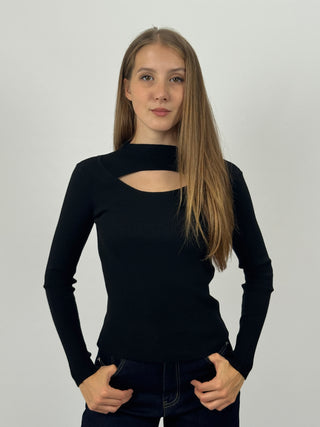 Maglia a Costine con Cut-Out Nera