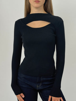 Maglia a Costine con Cut-Out Nera