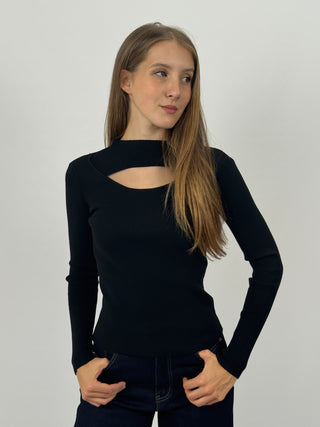 Maglia a Costine con Cut-Out Nera