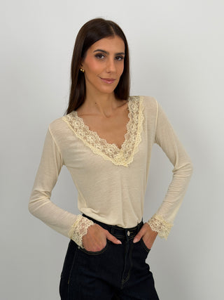 Maglia Ultralight con Cashmere e Pizzo Crema