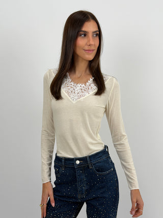 Maglia Ultralight con Cashmere e Pizzo Crema