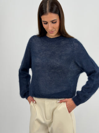 Maglia Kid Mohair Ultrafine a Maniche Lunghe Blu