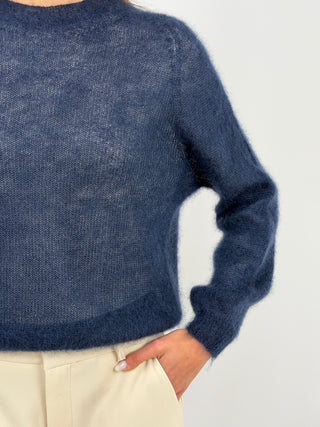 Maglia Kid Mohair Ultrafine a Maniche Lunghe Blu