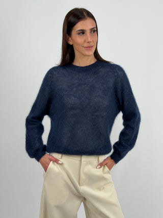 Maglia Kid Mohair Ultrafine a Maniche Lunghe Blu