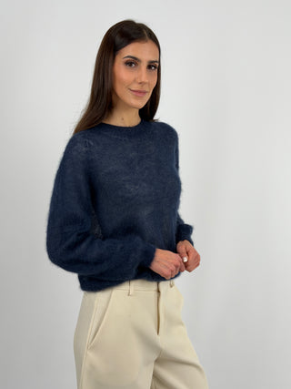 Maglia Kid Mohair Ultrafine a Maniche Lunghe Blu