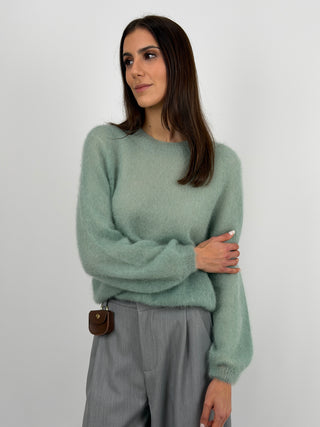 Maglia Kid Mohair Ultrafine a Maniche Lunghe Verde Salvia