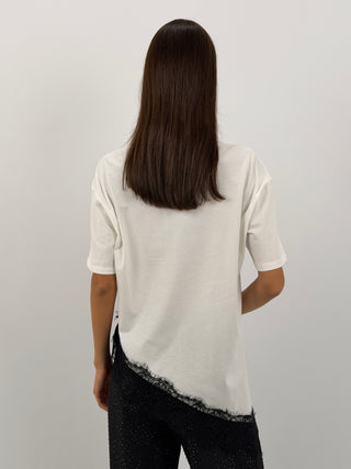 T-Shirt Lumina Asimmetrica con Pizzo Bianca