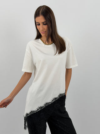 T-Shirt Lumina Asimmetrica con Pizzo Bianca