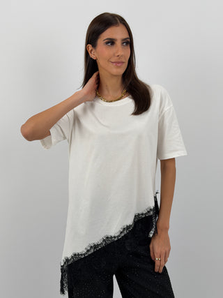 T-Shirt Lumina Asimmetrica con Pizzo Bianca