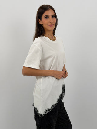 T-Shirt Lumina Asimmetrica con Pizzo Bianca