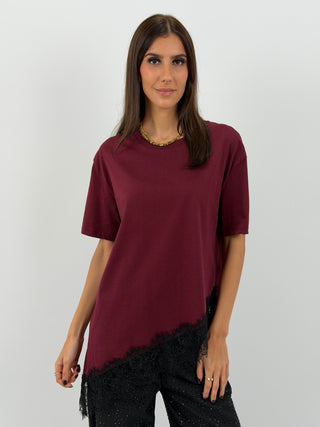 T-Shirt Lumina Asimmetrica con Pizzo Bordeaux