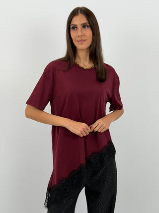 T-Shirt Lumina Asimmetrica con Pizzo Bordeaux