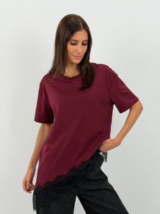 T-Shirt Lumina Asimmetrica con Pizzo Bordeaux