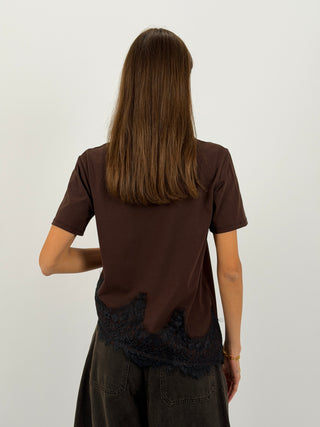 T-Shirt Asimettrica con Pizzo Marrone