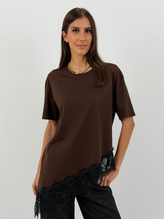 T-Shirt Lumina Asimmetrica con Pizzo Marrone
