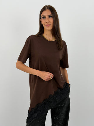 T-Shirt Lumina Asimmetrica con Pizzo Marrone