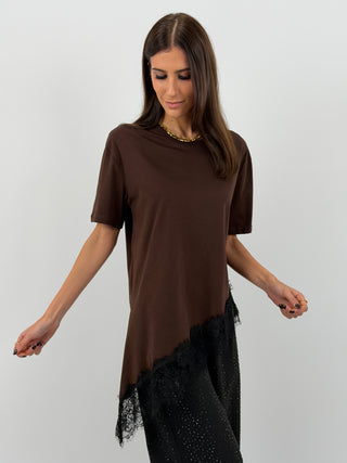 T-Shirt Lumina Asimmetrica con Pizzo Marrone