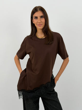 T-Shirt Lumina Asimmetrica con Pizzo Marrone