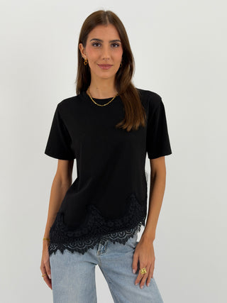 T-Shirt Asimettrica con Pizzo Nera