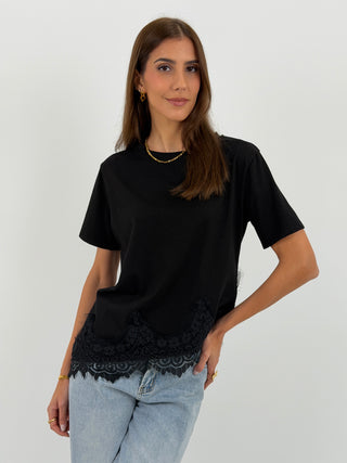 T-Shirt Asimettrica con Pizzo Nera