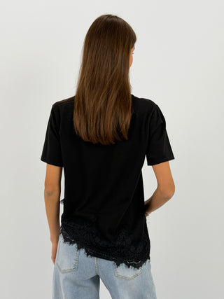 T-Shirt Asimettrica con Pizzo Nera