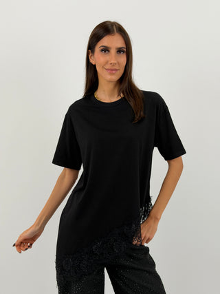 T-Shirt Lumina Asimmetrica con Pizzo Nera