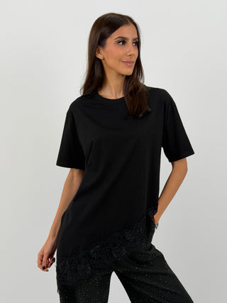 T-Shirt Lumina Asimmetrica con Pizzo Nera