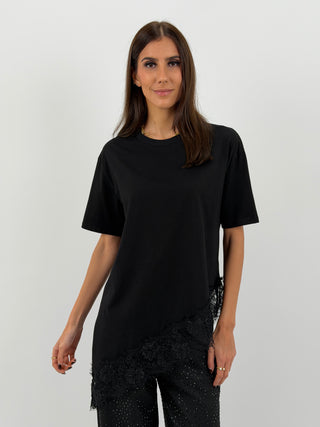 T-Shirt Lumina Asimmetrica con Pizzo Nera