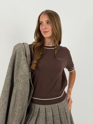 T-Shirt in Maglia con Bordi a Contrasto Marrone