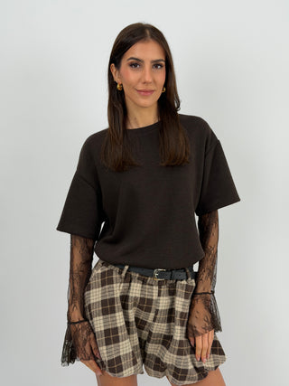 T-Shirt in Maglia con Maniche in Pizzo Marrone