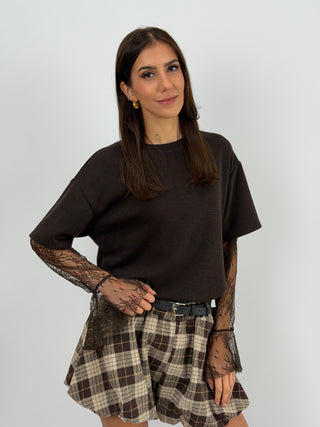 T-Shirt in Maglia con Maniche in Pizzo Marrone